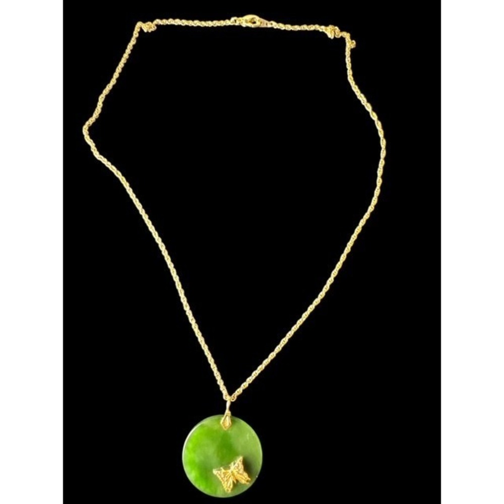Mid Century‎ Vintage Rare Nephrite Jade Butterfly Inlay Pendant Necklace Green - Picture 3 of 6